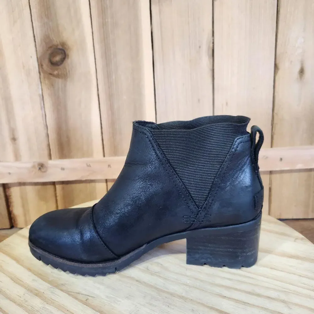 Sorel Cate Chelsea Ankle Boots Womens 6.5 Black Leather Pull On Booties Winter